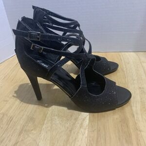 Fioni Black Glitter Strappy Zip Open Toe‎ 4" Heels Sz 7.5